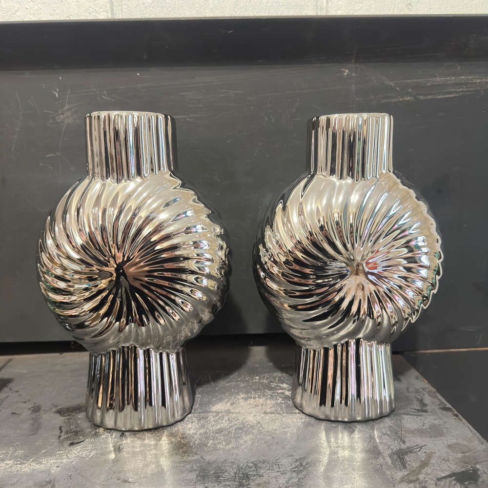 Sculptural Decorative Vase PAIR Modern Chrome Silver Swirl Ribbed‎ Ceramic 9.5
